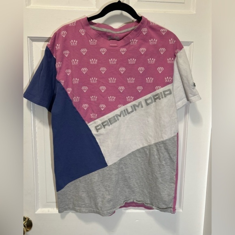 Vintage T-Shirt Sz L | Premium Drip | Pink Blue White Diamond Crown Colorblock
